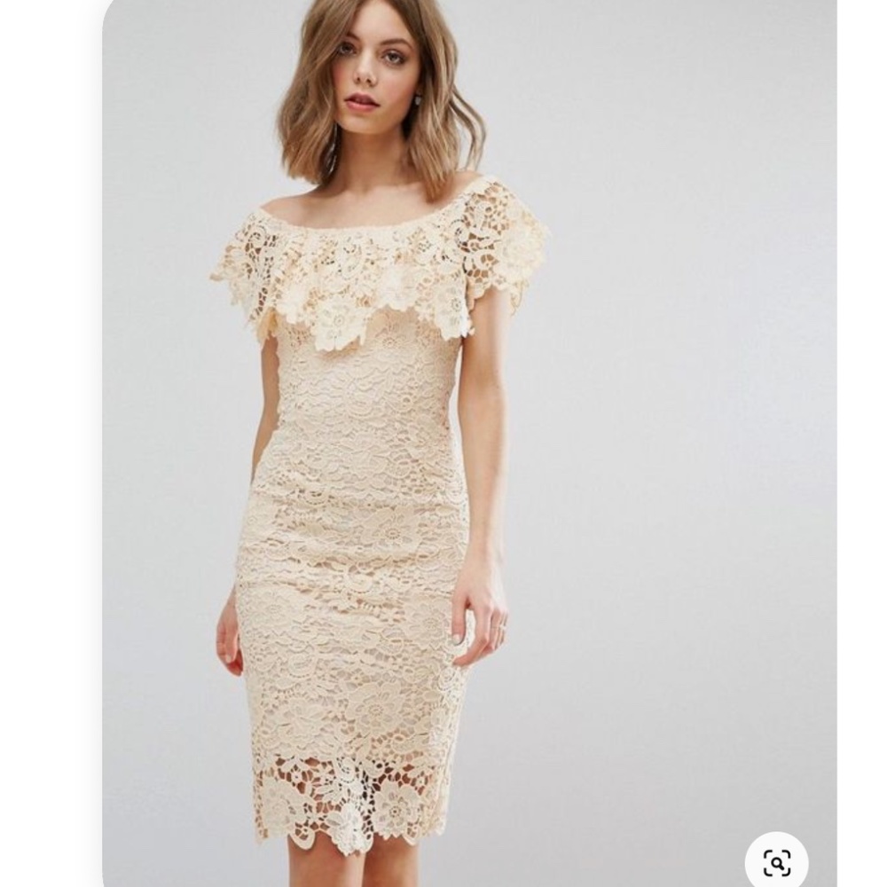 Paper Dolls Off Shoulder Midi Lace Cream Dress